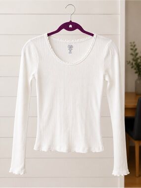 Brandy Melville White Ribbed Long Sleeve Scoop Neck Top